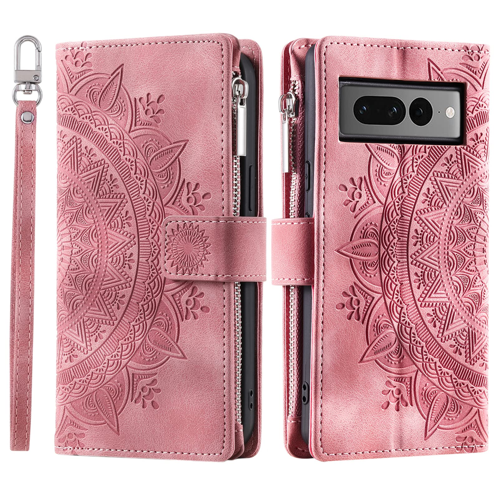 VEEMOS Wallet Case for Google Pixel 7 Pro Flower Flip Case Protective Leather Folio Book Phone Cover with Card Slots Kickstand Zipper Pocket - Pink