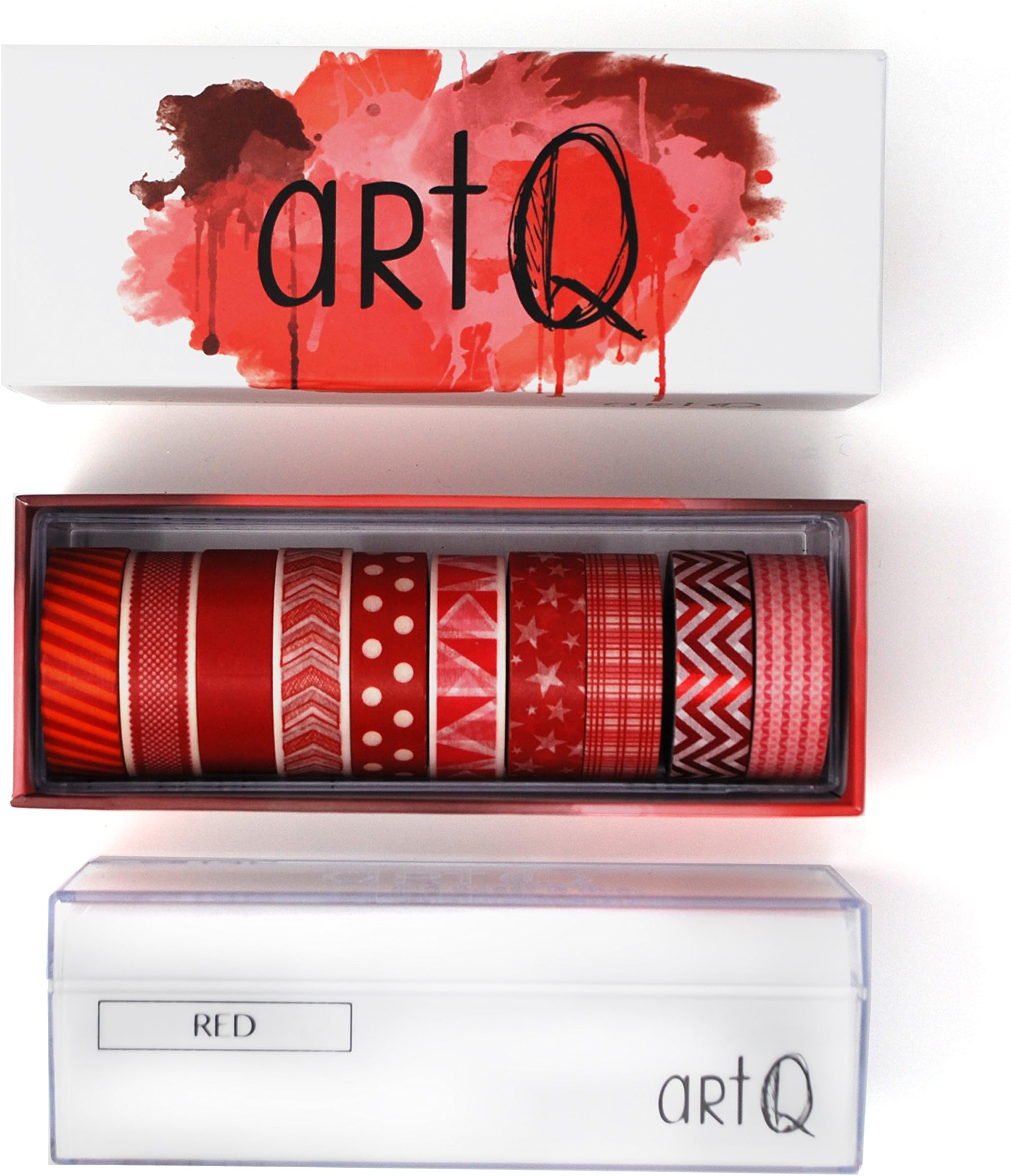 Washi Tape Set [10 Rolls] - 330 Feet Long - Acrylic Organizer and Dispenser Box - Decorative Washi Tapes - Colorful Craft Tape - Adhesive Decor Masking Tape with Gift Box by ArtQ - Red