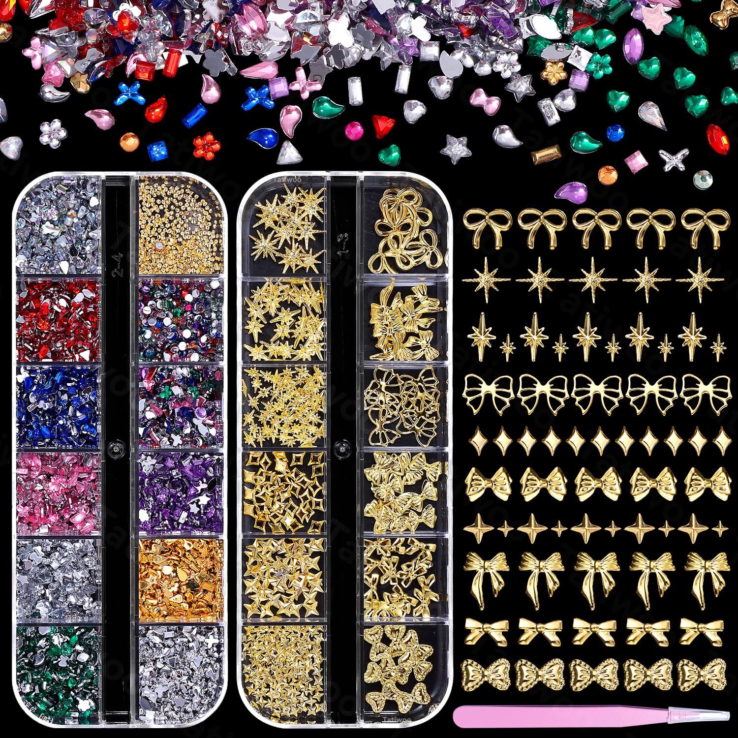 Photo 1 of 2 Boxes Gold Nail Charms and Colorful Nail Gems, Golden Nail Bows+Nail Star Charms, Multi Sizes Rivet Nail Art Charms, Small Nail Art Gems, Heart Star Flower Tiny Diamond Nail Stones for Nail Art