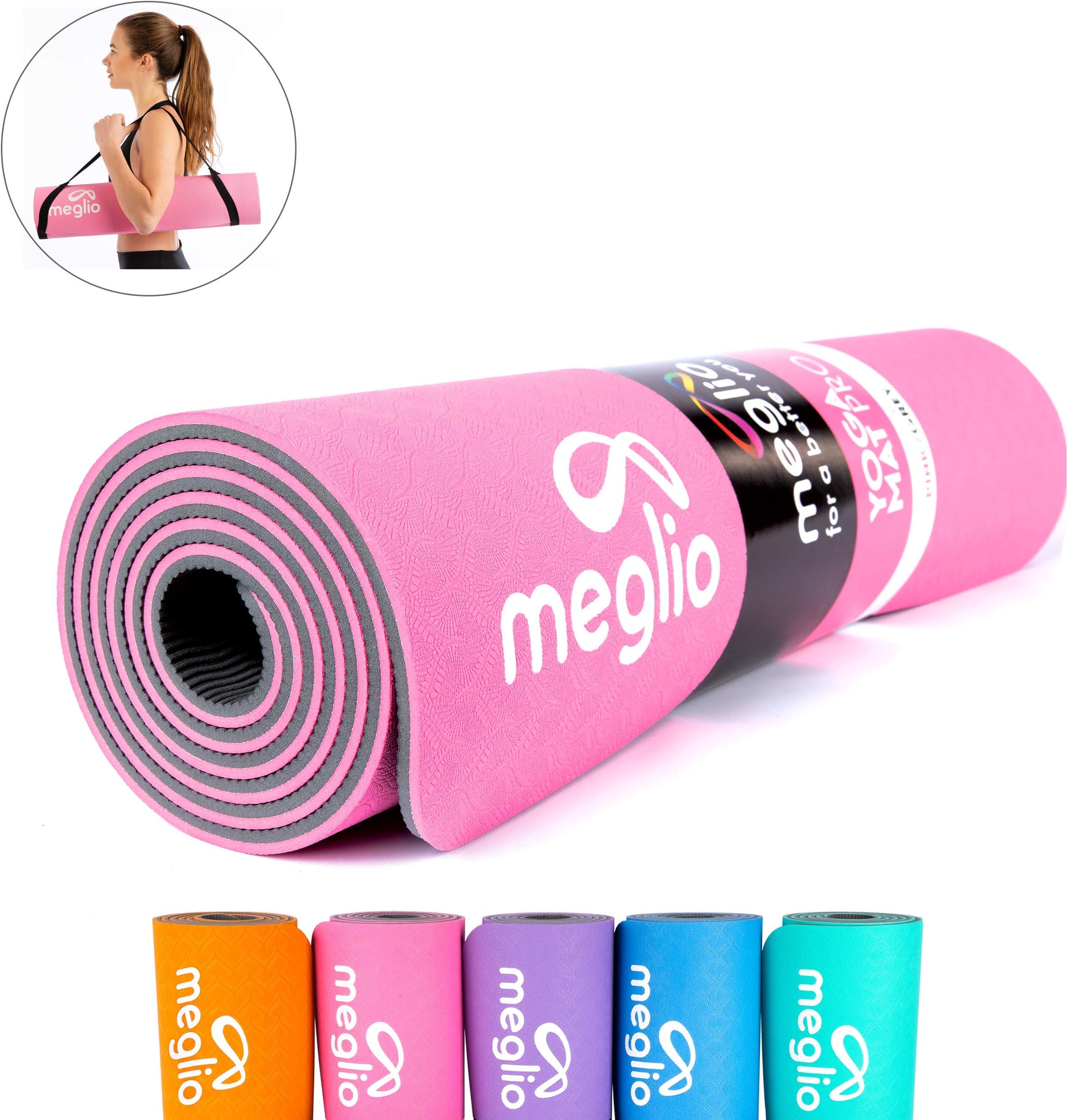 Meglio Yoga Mat, Premium Non Slip TPE Yoga Mat 8mm Thick, Eco friendly Mat for Yoga, Pilates, Fitness Exercises, Gymnastics, Stretching, Home or Gym Workouts For Men and Women with FREE Carry Strap Included