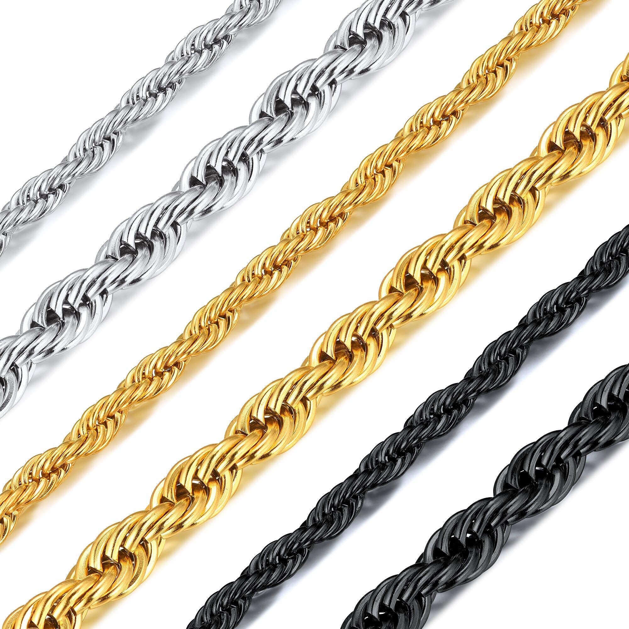 Richsteel Twist Chain Necklace For Men, 3MM Wide, 26Inch(66CM) Length, Gift For Girls, 18K Gold Plated Stainless Steel Trendy Chain Men Jewelry Twister Rope Necklace (Gift Packaging), RN20114K-3-26