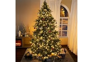 Naomi Home 6.5ft Rustic Christmas Tree with Lights, Realistic Classic Prelit with 2595 Branch Tips, 600 Warm Lights and Metal Stand, Aritificial Tree