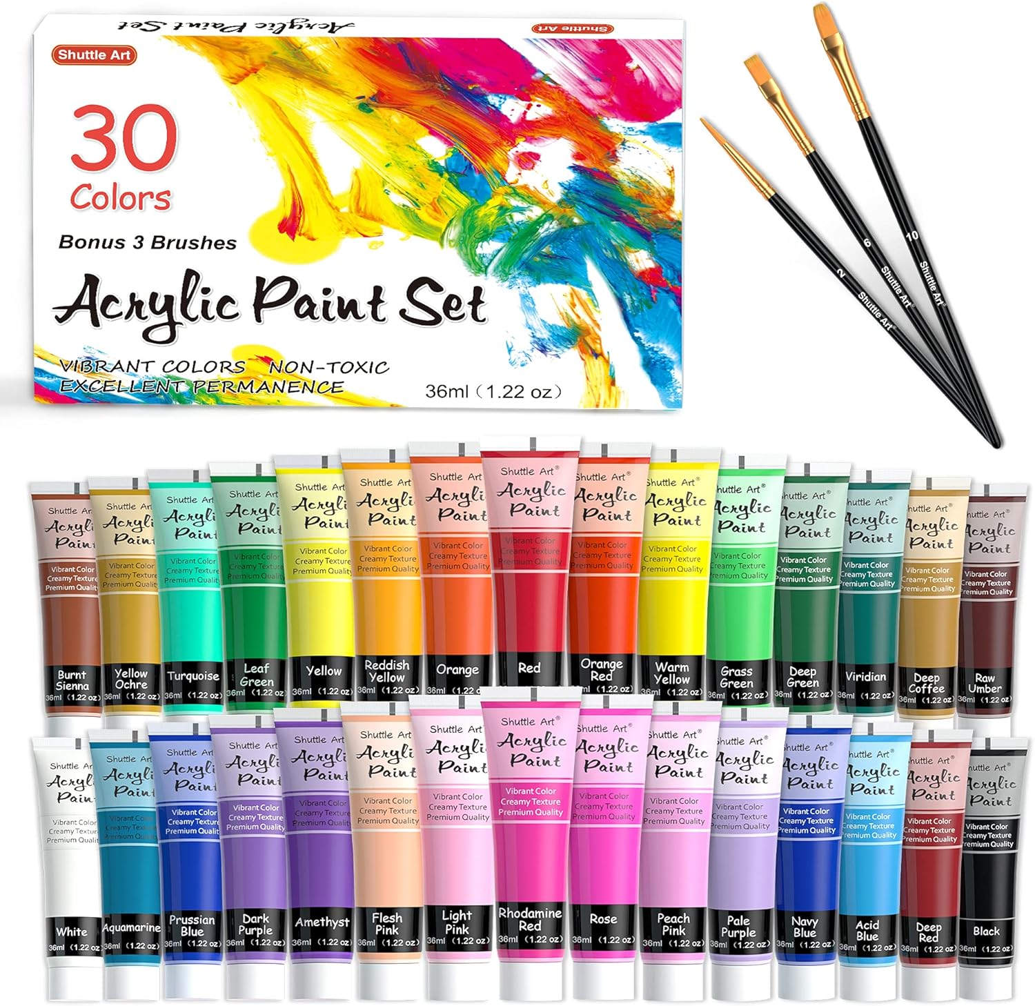Acrylic Paint Set, Shuttle Art 30 Colors Acrylic Paint in Tubes (36ml) with 3 Brushes, Artist Grade Paint, Rich Pigments, Non-Toxic for Artists, Beginners and Kids on Rocks Crafts Canvas Wood Fabric: Home Improvement