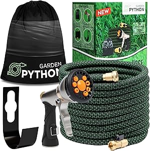 Garden Python Expandable Garden Hose 75ft, Water Hose Holder, Lightweight, Metal Spray Nozzle, Water Pocket Hose, Heavy Duty 3750D Fabric Outer for All Your Garden, Yard and Grass Watering Needs