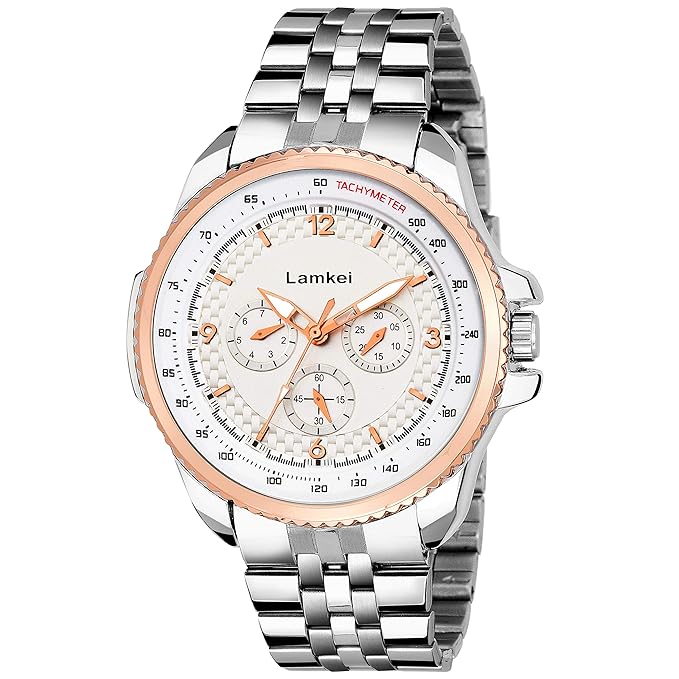 Lamkei Premium Imported Working Chronograph White Dial Silver Stainless Steel Chain Men�s Watch � LMK-0120
