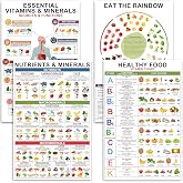 4 Pcs Vitamin And Mineral Chart 11"X17" - Healthy Food Chart, Rich Nutrition Poster, Food Protein, Essential Vitamin Laminated for Classroom, Nutrient Density, Vertical Poster Eat The Rainbow Unframed