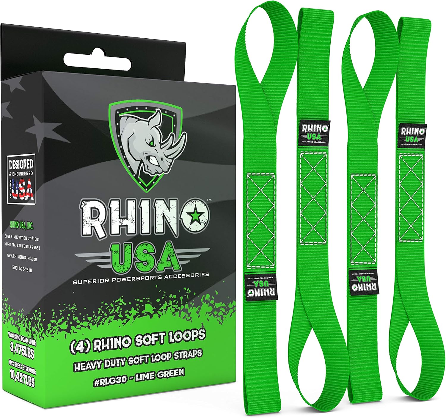 RHINO USA Soft Loops Motorcycle Tie Down Straps (4pk) - 10,427lb Max Break Strength 1.7” x 17” Heavy Duty Tie Downs for use with Ratchet Strap - Secure Trailering of Motorcycles, Kayak, Jeep, ATV, UTV: Automotive