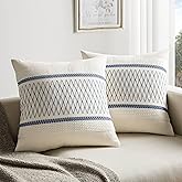 ZeeMart 2 Packs Cotton Boho Throw Pillow Covers 16x16 Inch Grid Blue, Soft Farmhouse Decorative Couch Pillow Cases Blue Cushion Covers for Sofa Bed Living Room Home Decor ﻿