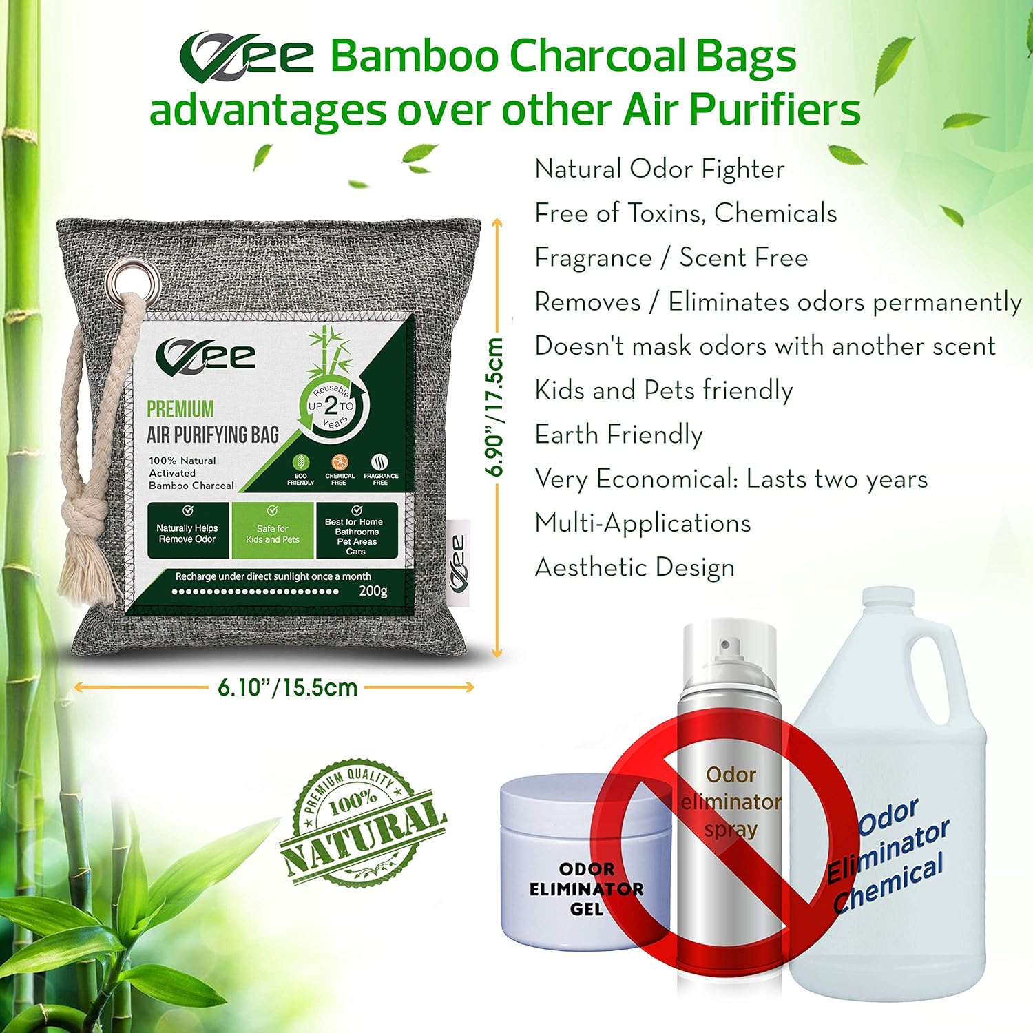 VZee Odor Eliminator, Activated Charcoal Bags Odor Absorber, 8 Pack x 200g, 8 Cords, Ziplock Packaging, Nature Fresh Bamboo Charcoal Air Purifying Bag, Odor Absorbers for Home, Bamboo Charcoal Bags, Deodorizers for Home, Pet, Shoe, Car, Closet, Smoke, Carpet, Fridge, Dogs, Cats, Basements, Musty Smell, New Car Smell, Bamboo Charcoal Bags, Odor Neutraliz