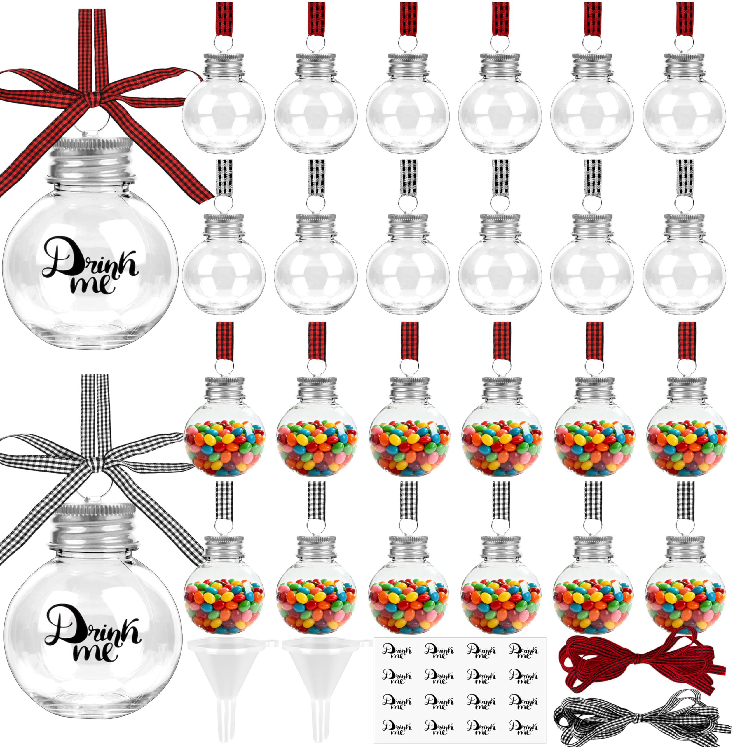 Photo 1 of 32 Pack Fillable Christmas Balls, Christmas Tree Hanging Ornaments Clear Plastic Water Bottle Bulbs Pendant Ball with Plaid Ribbon and Stickers for Xmas Home Party Decor (Big Ball)