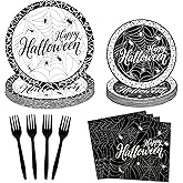 qonimi 100 Pieces Halloween Plates and Napkins Set - Black Spider Web Disposable Paper Plates Dinner Dessert Plate, Cocktail Napkins, Forks Halloween Party Decorations Serve 25