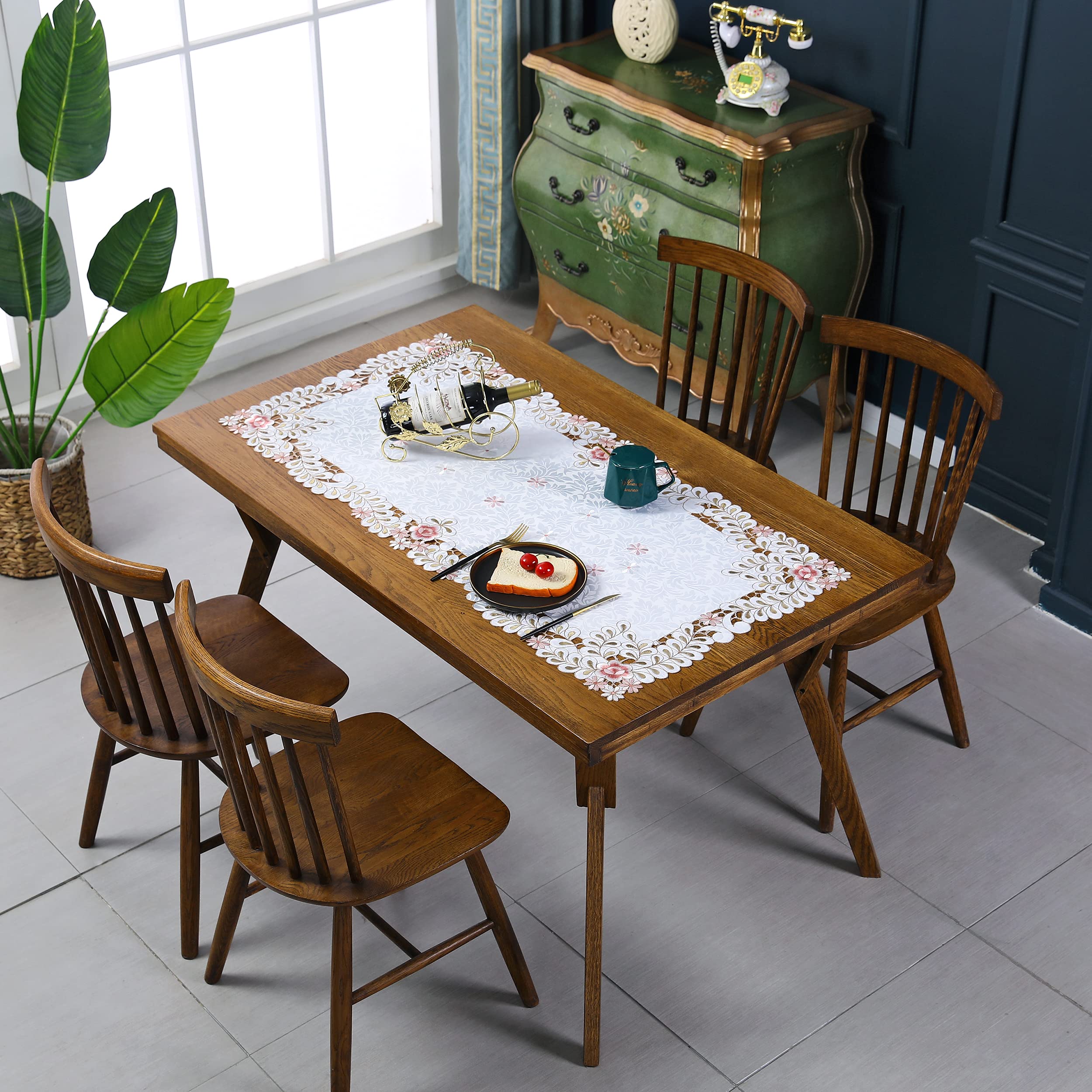 Inmerget Small Rectangle Begie Table Cover Flower Embroidered Coffee Table Delicate Tablecloth Tea Table Cloth Dresser Scarf 46.1 x 22.4 inch/57x117cm