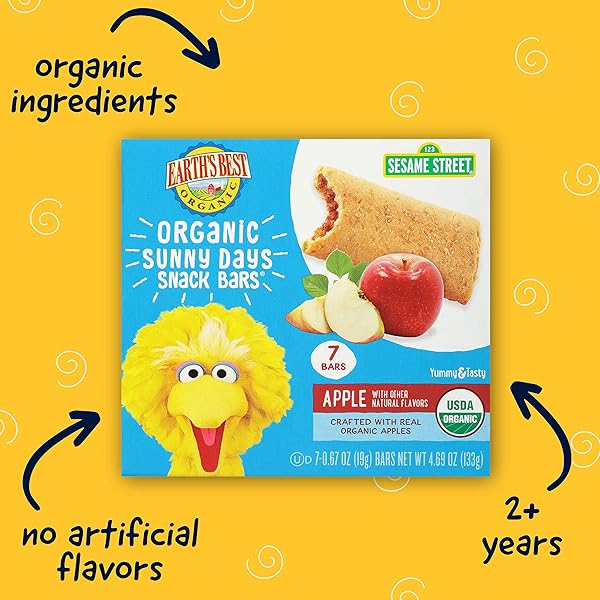 EARTH’S BEST ORGANIC SUNNY DAYS SNACK BARS FOR TODDLERS 2 YEARS OLD AND UP, APPLE FLAVORED WITH OTHER NATURAL FLAVORS, 7 CT