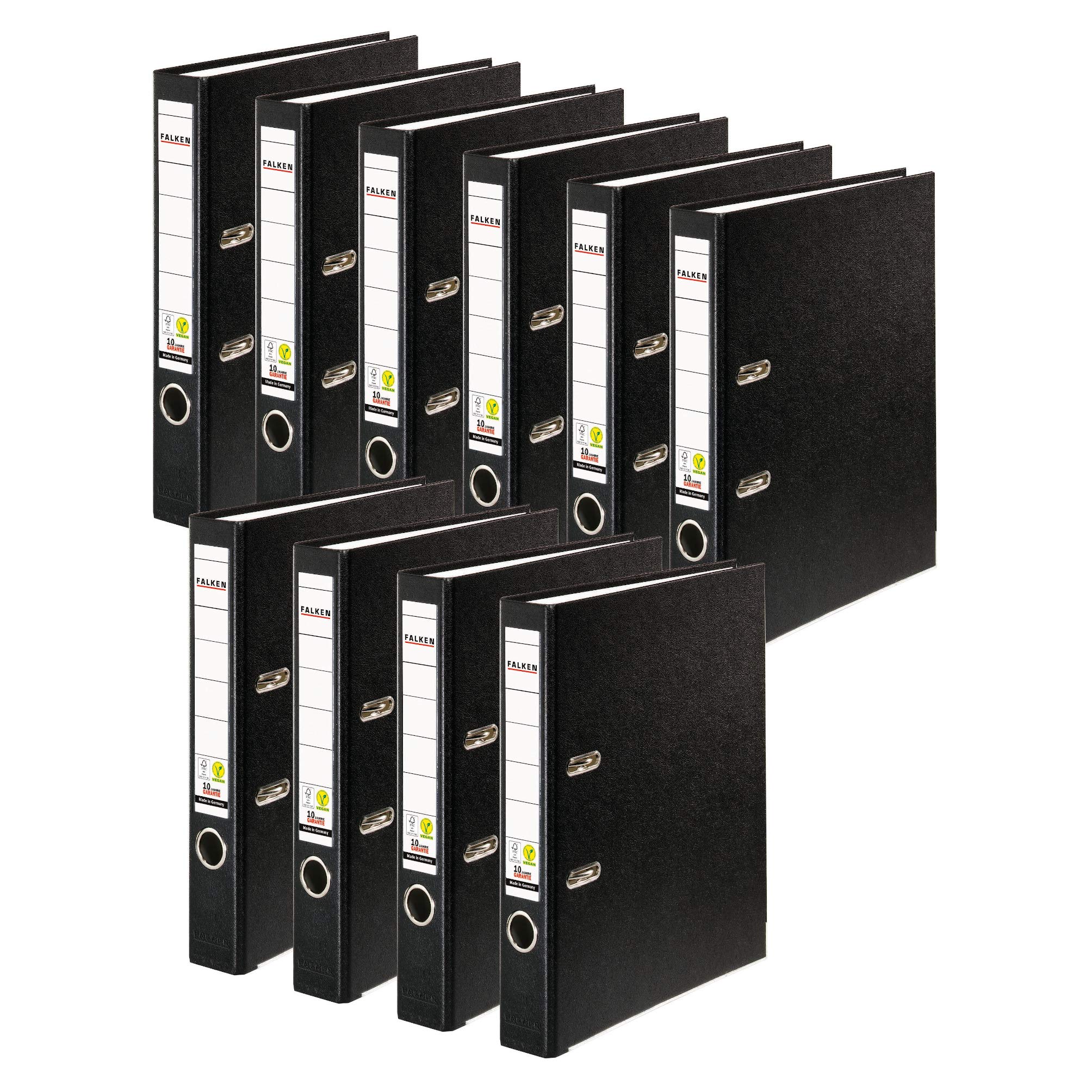 FALKEN Original Black Plastic Folder, A4, 10 Pack, Made in Germany, 5cm Wide, 350 Sheet Capacity, FSC Certified