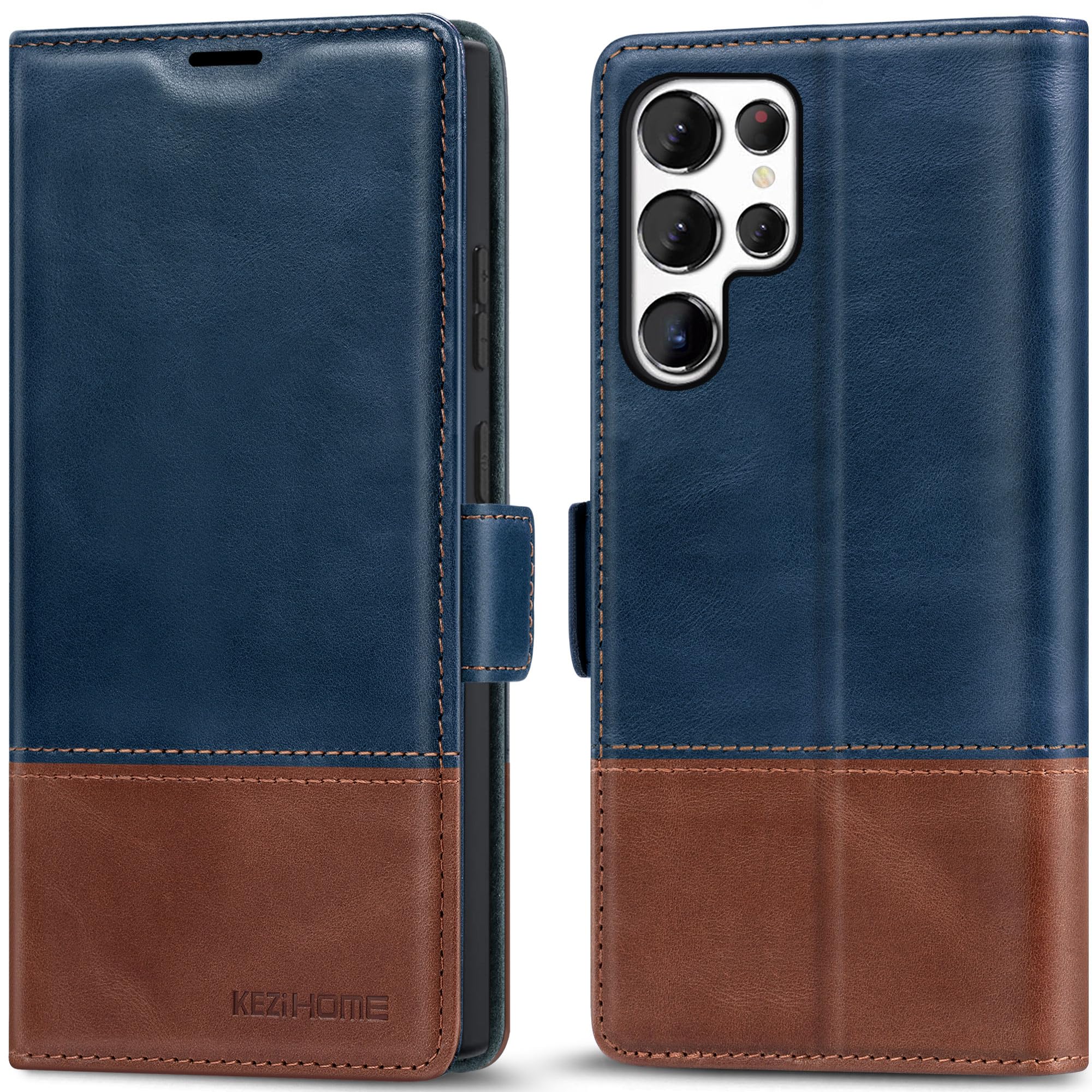 KEZiHOME for Samsung Galaxy S24 Ultra Case, Genuine Leather [RFID Blocking] Galaxy S24 Ultra Wallet Case, Card Slot Flip Stand Magnetic Phone Cover Compatible with Samsung S24 Ultra (Royal Blue/Brown)