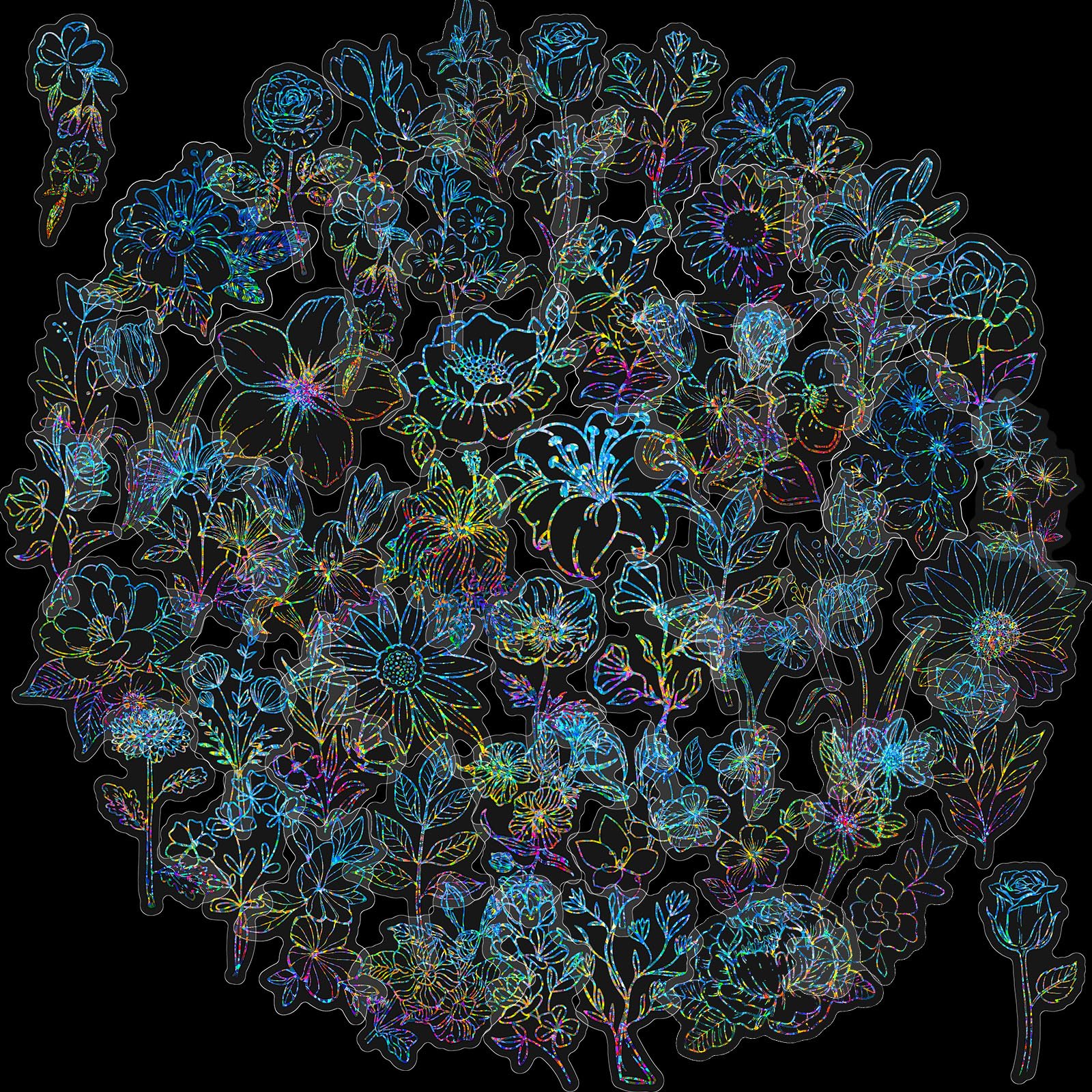 LIFEBE Pack of 50 Flower Stickers Pack, Shiny Holographic PET Transparent Waterproof Laser Craft Resin Stickers for Laptop, Mobile Phone, Water Bottle, Skateboard; for Teens, Children, Adults