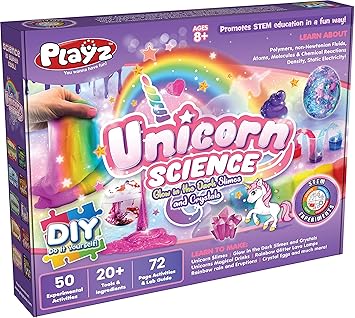 Playz Unicorn Slime Crystals Science Kit Gift For Girls Boys With 50 Stem Experiments To Make Glow In The Dark Unicorn Poop Snot Fluffy Slime
