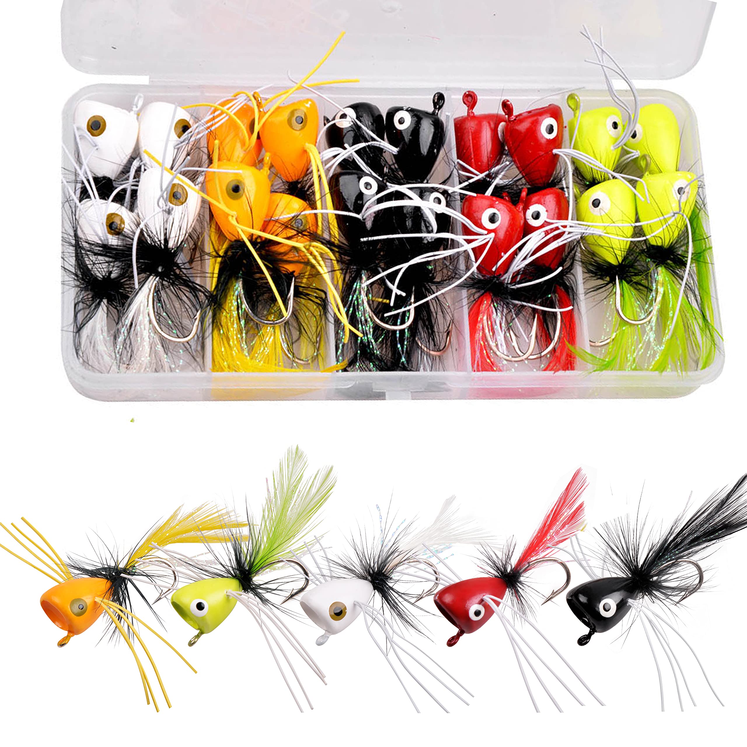 Popper Fly Fishing Kit - 20pcs Topwater Bass Lures and Dry Flies for Panfish, Bluegill, Trout, Salmon, Perch