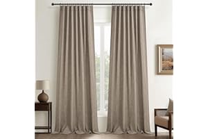 Dark Flax Beige Heavy Linen Sliding Door Curtains 102 Inches Long 2 Panel Sets, Elegant Neutral Light Filtering Pleated Sheer