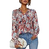 HOTOUCH Womens Long Sleeve Tops Boho Floral Printed Blouses Casual V Neck Pleated Drawstring Peasant Shirts