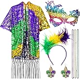 7 Pcs Mardi Gras Outfit for Women Feathers Headband Party Headwear Beads Necklaces Shawl Scarf Dangle Earrings Eye Mask
