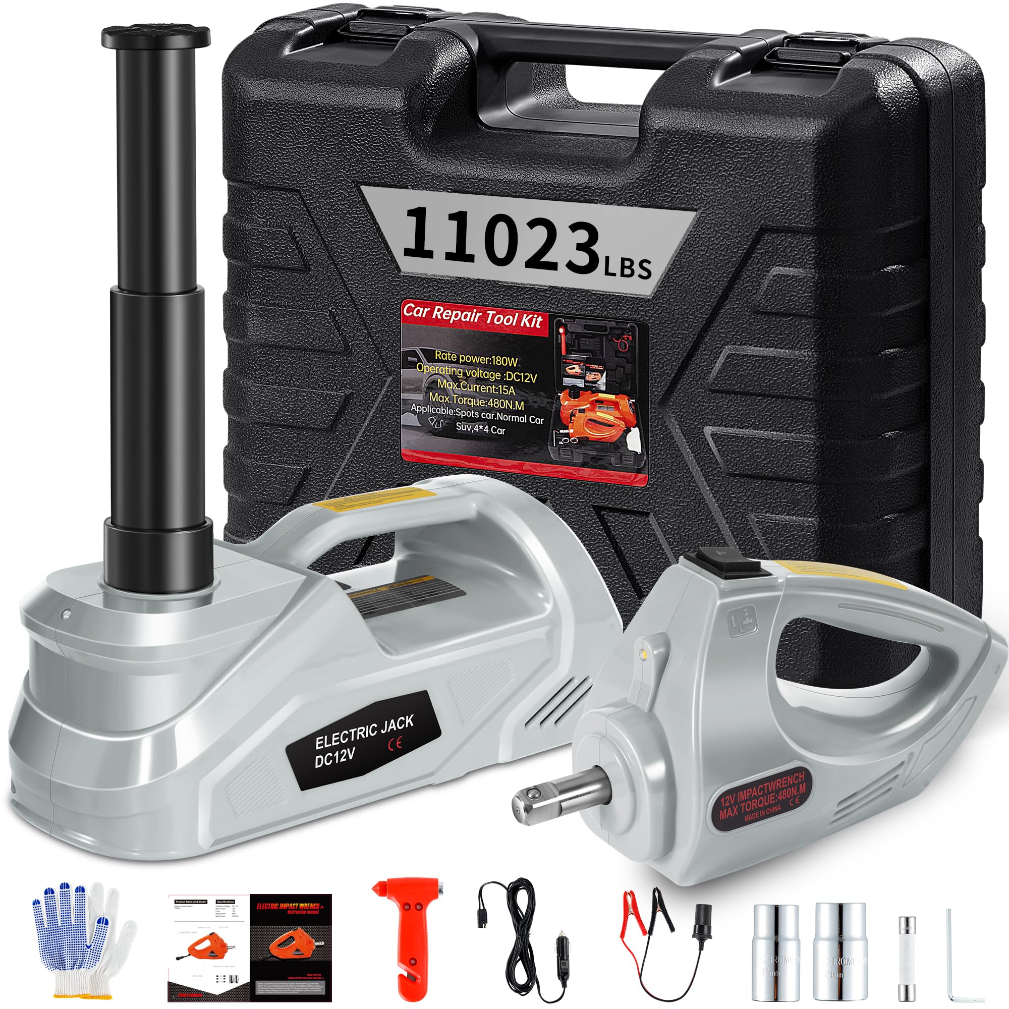 Photo 1 of [EFN Clearance] Electric Car Jack Kit with Impact Wrench, 5 Ton/11023 LBS 12V Electric Hydraulic Jack with Lifting Range: 6.1~17.7in, Safety Hammer for Tesla SUV MPV Sedan Truck Tire Change (Gray)