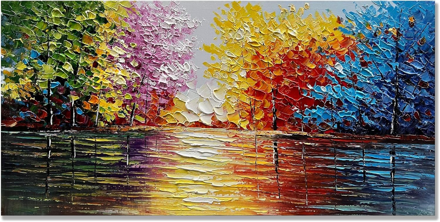 Paintings - zoinart Hand Painted Large Abstract Wall Art 48x24 Inches Modern Oil Painting on Canvas Landscape Paintings Colorful Textured Artwork Ready to Hang