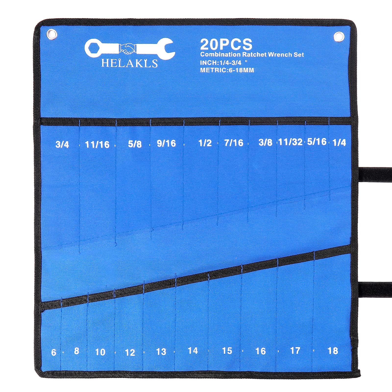 HELAKLS 20 Pockets Metric & SAE Wrench Tool Roll Up Pouch Utility Heavy Duty Canvas Tool Organizers Bag Blue