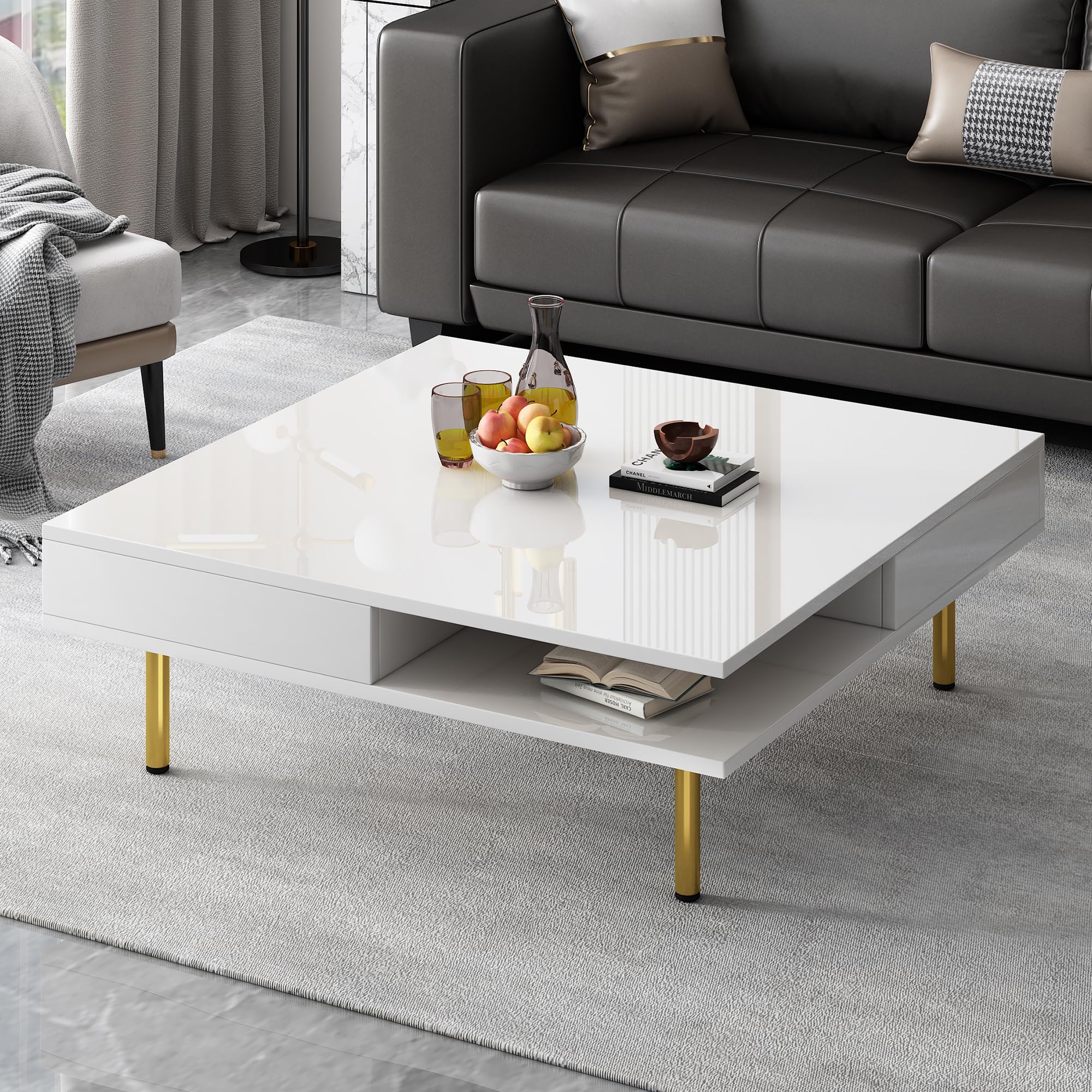 Photo 1 of **MISSING PARTS**
Merax Exquisite High Gloss Coffee Table with 4 Golden Legs and 2 Small Drawers, 2-Tier Square Modern Center Table for Living Room, White