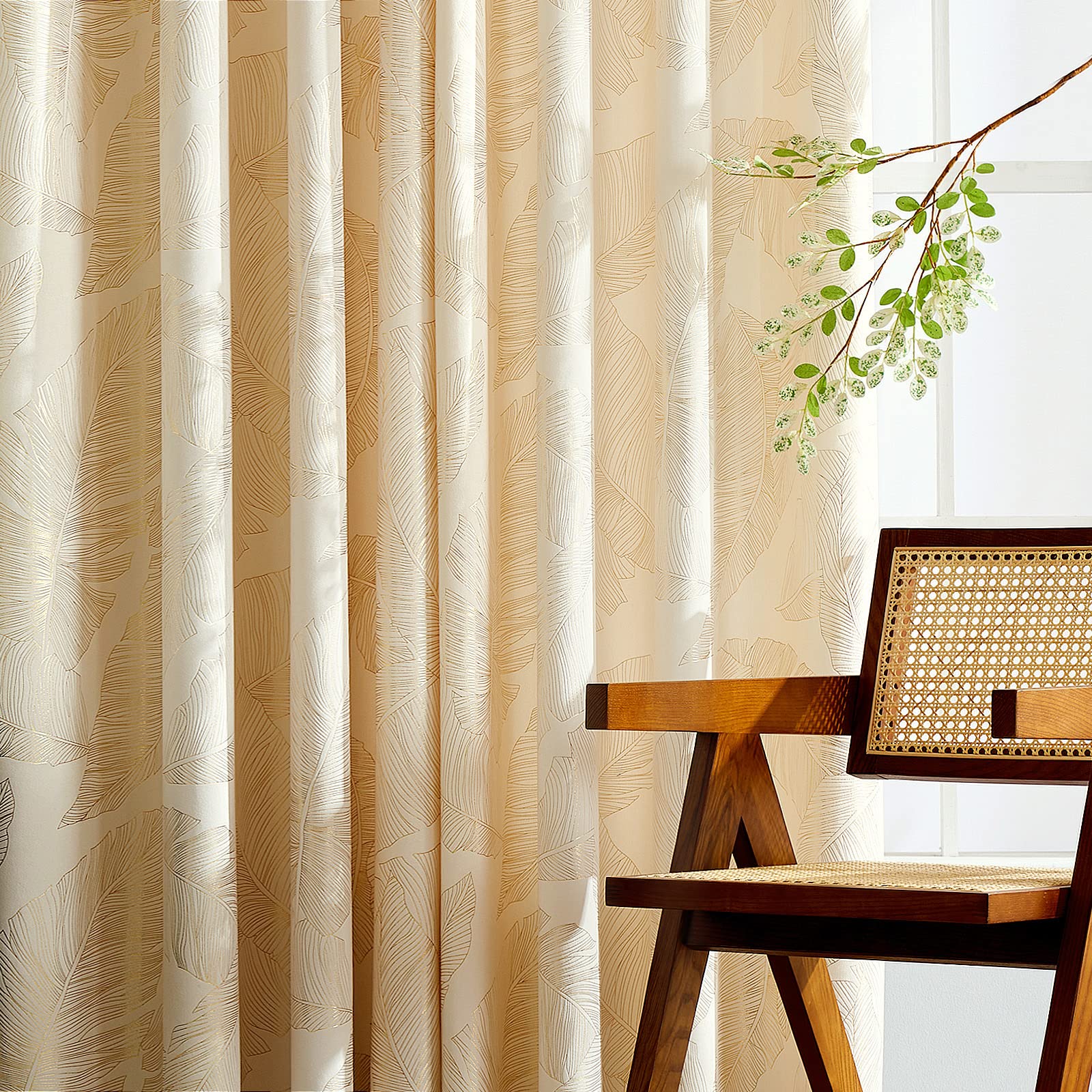 MIULEE Velvet Curtains with Gold Foil Leaves Pattern, 2 Cream Velvet Curtains with Eyelets, Each 46 x 90 Inch, Room Darkening Drapes for Classical Living Room Bedroom