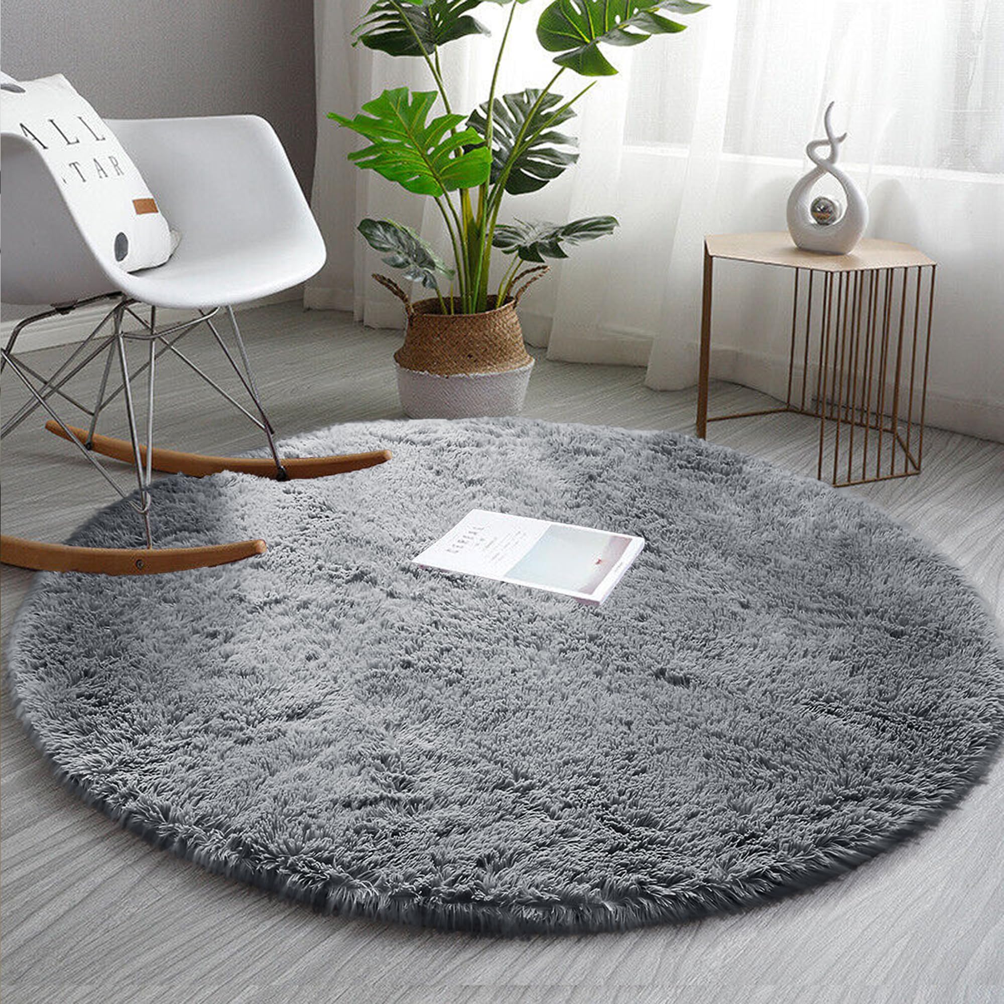 AMEHA Round Grey Shaggy Rug 120x120 cm Fluffy Soft Non Slip Circle Area Rugs for Bedroom Living Room Modern Rug for Nursery Kids Room Non-Shedding