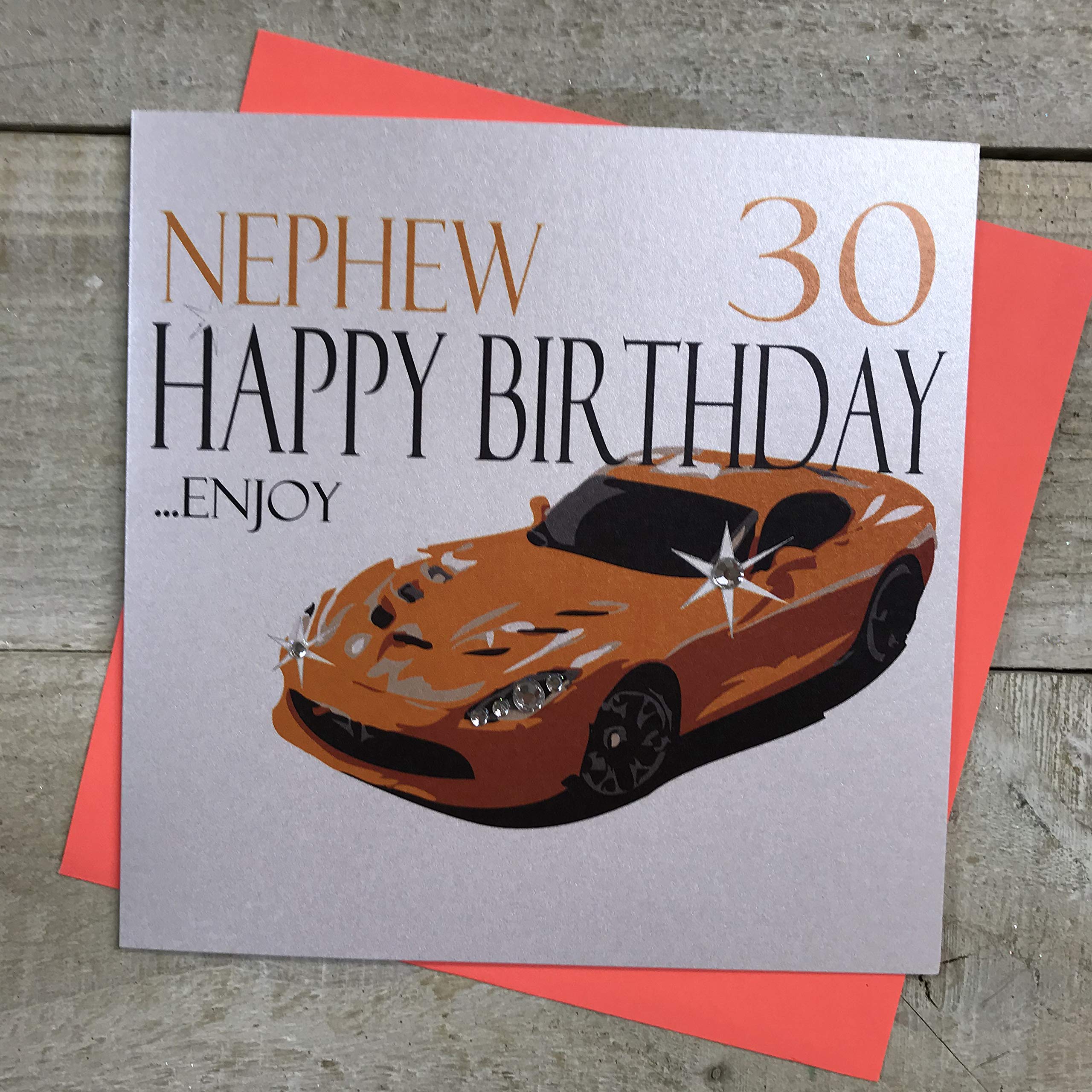 white cotton cards Handmade Nephew 30 Happy Birthday…Enjoy Orange Sports Car 30th Birthday Card, White, N62-N30