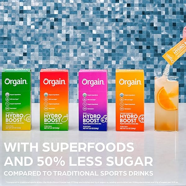 ORGAIN ORGANIC HYDRATION PACKETS, ELECTROLYTES POWDER – MANGO HYDRO BOOST WITH SUPERFOODS, VEGAN, GLUTEN-FREE, NO SOY INGREDIENTS, NON-GMO, LESS SUGAR THAN SPORTS DRINKS, 8 COUNT