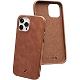 Wilken Leather Slim Phone Case Compatible with iPhone 14 Pro Max | Compatible with MagSafe & Wireless Charging | Premium Top-Grain Leather Cover with Metal Buttons (14 Pro Max, Brown)
