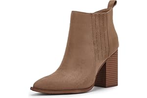 SERAIH Womens Pointed Toe Slip on Ankle Booties Stacked Mid Block Heel Shoes Faux Leather Boots