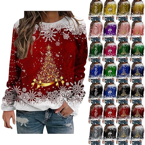 Christmas Sweatshirts For Women Uk Xmas Tree Graphic Print Christmas Top For Women Fashion Crew Neck Baggy Sweatshirts Casual Long Sleeves Women'S Pullover Sweaters Winter Warm Xmas Jumpers