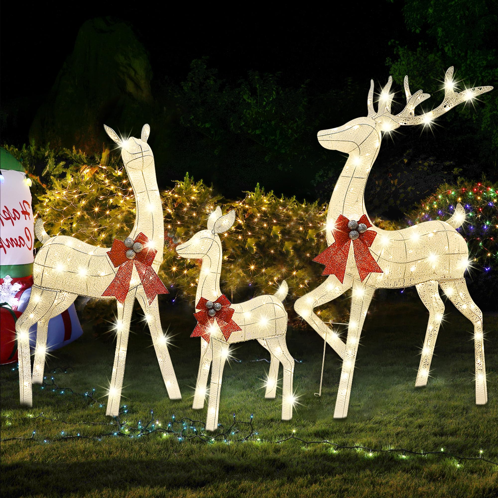 Lulu Home Set of 3 Pre-lit White Reindeer with 210