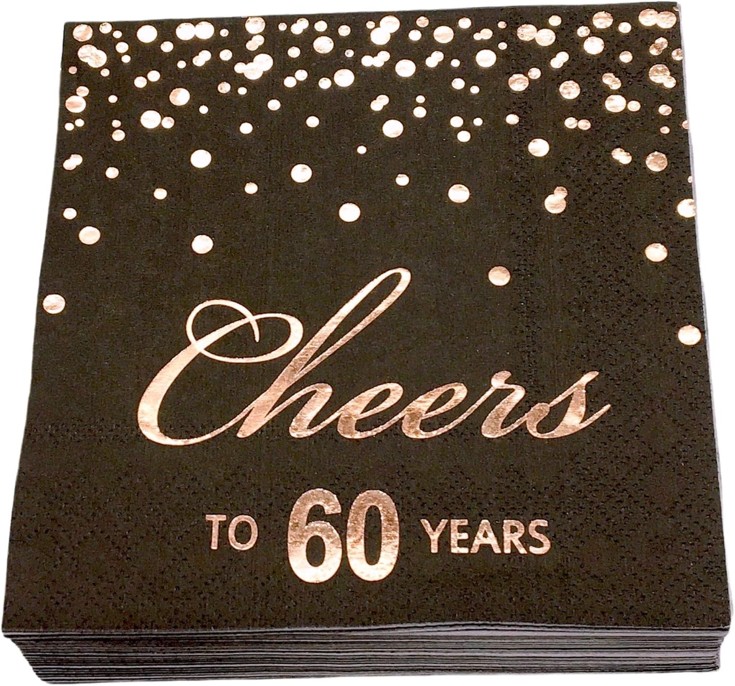Rose Gold Foil Cocktail Napkins with Cheer 60 Years | Folded 5 x 5 Inches Disposable Party Napkins | 3-Ply Paper Beverage Napkins for 60th Birthday Decorations, Wedding Anniversary, Retirement, Black