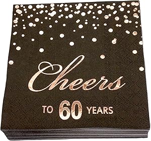 Rose Gold Foil Cocktail Napkins with Cheer 60 Years | Folded 5 x 5 Inches Disposable Party Napkins | 3-Ply Paper Beverage Napkins for 60th Birthday Decorations, Wedding Anniversary, Retirement, Black