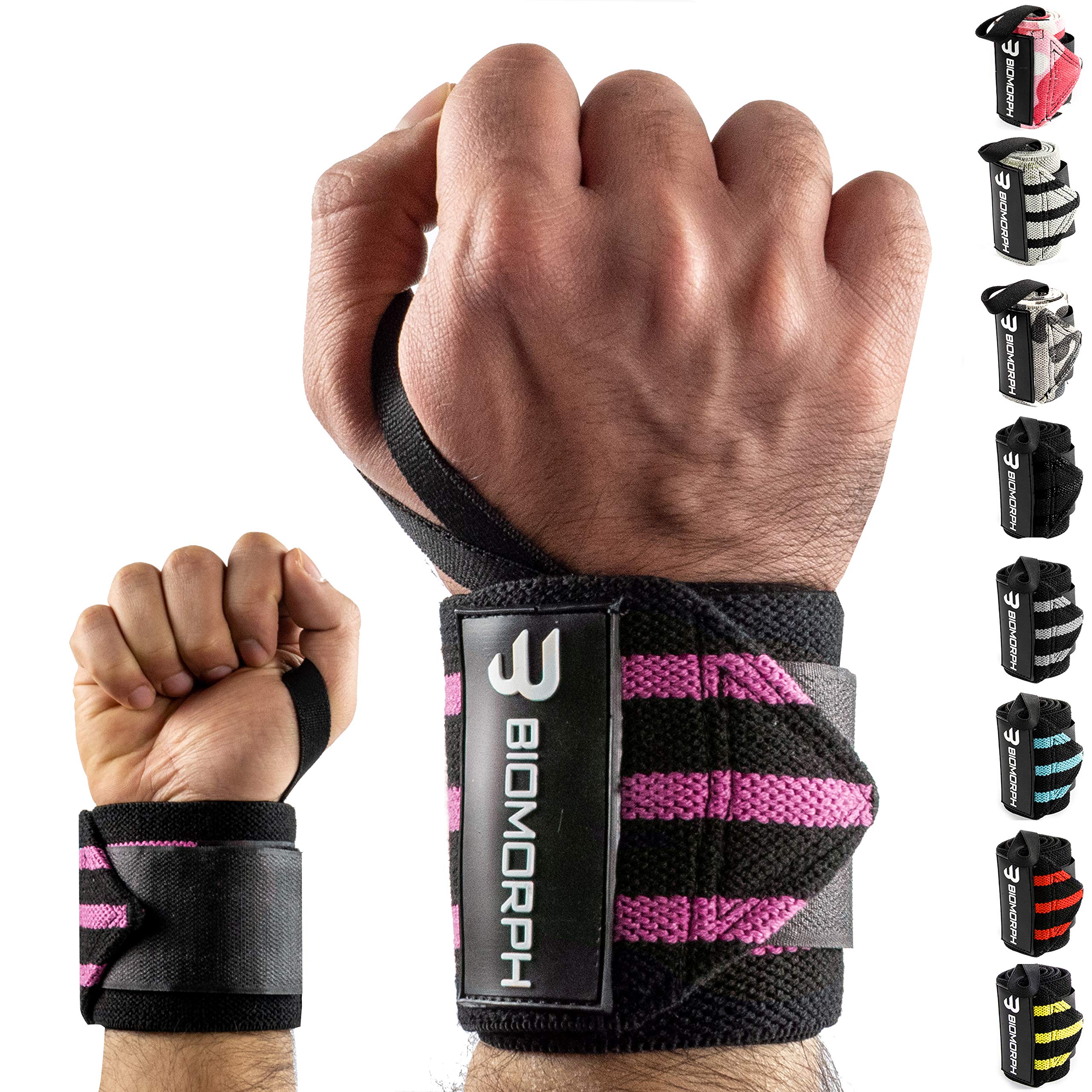 BIOMORPH Professional Wrist Bandages 54 cm for Fitness, Bodybuilding, Strength Sports & Crossfit, Wrist Wraps for Women and Men (Pink Stripes)