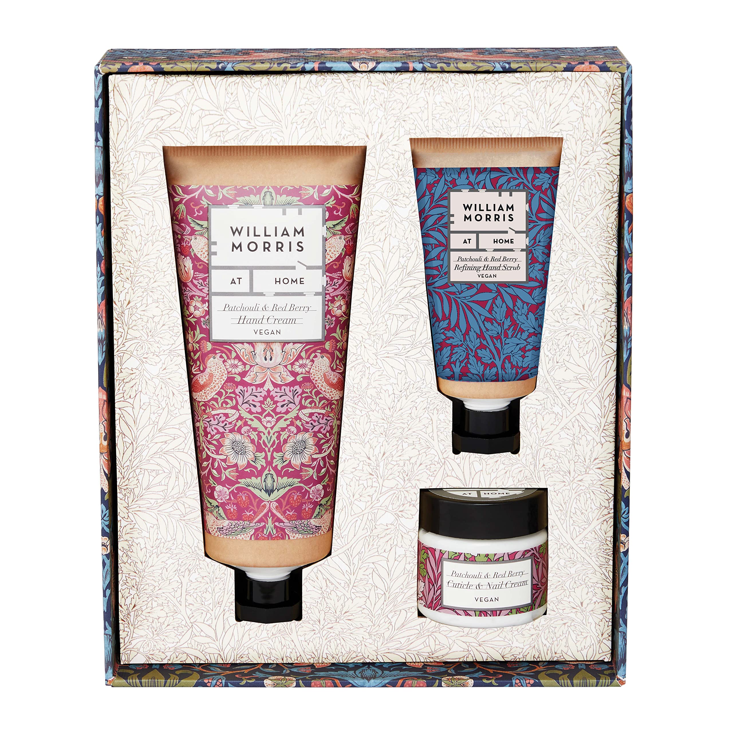 William Morris At Home Hand Cream 100ml, Hand Scrub 50ml, Nail and Cuticle Cream 35ml, Hand Care Beauty Gift Set, Fragranced with Patchouli Essential Oils, Travel Size, Vegan and Cruelty Friendly