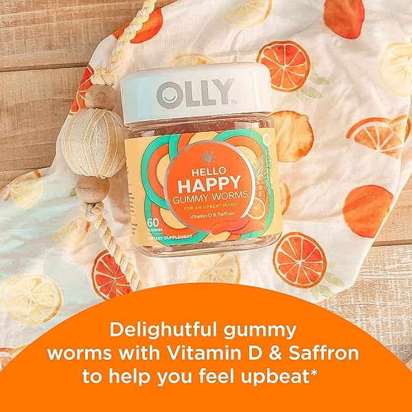 OLLY HELLO HAPPY GUMMY WORMS, MOOD BALANCE SUPPORT, VITAMIN D, SAFFRON, ADULT CHEWABLE SUPPLEMENT, TROPICAL ZING – 60 COUNT