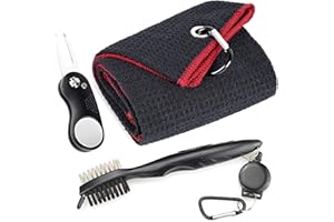 Mile High Life Microfiber Waffle Pattern Golf Towel | Club Groove Cleaner Brush | Foldable Divot Tool with Magnetic Ball Marker (Black w/red Towel/Brush/Curve Divot)