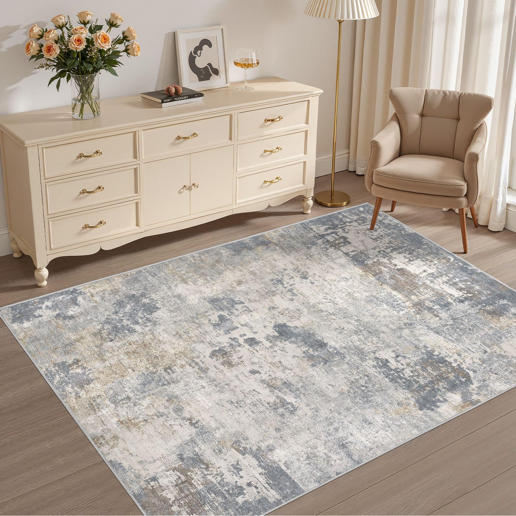 UERMEI 4x6 Area Rug Living Room Rugs - Washable Neutral Modern Abstract Soft Thin Rug Indoor Floor No Slip Rug Carpet for Bedroom Under Dining Table Home Office Decor - Blue Grey Image