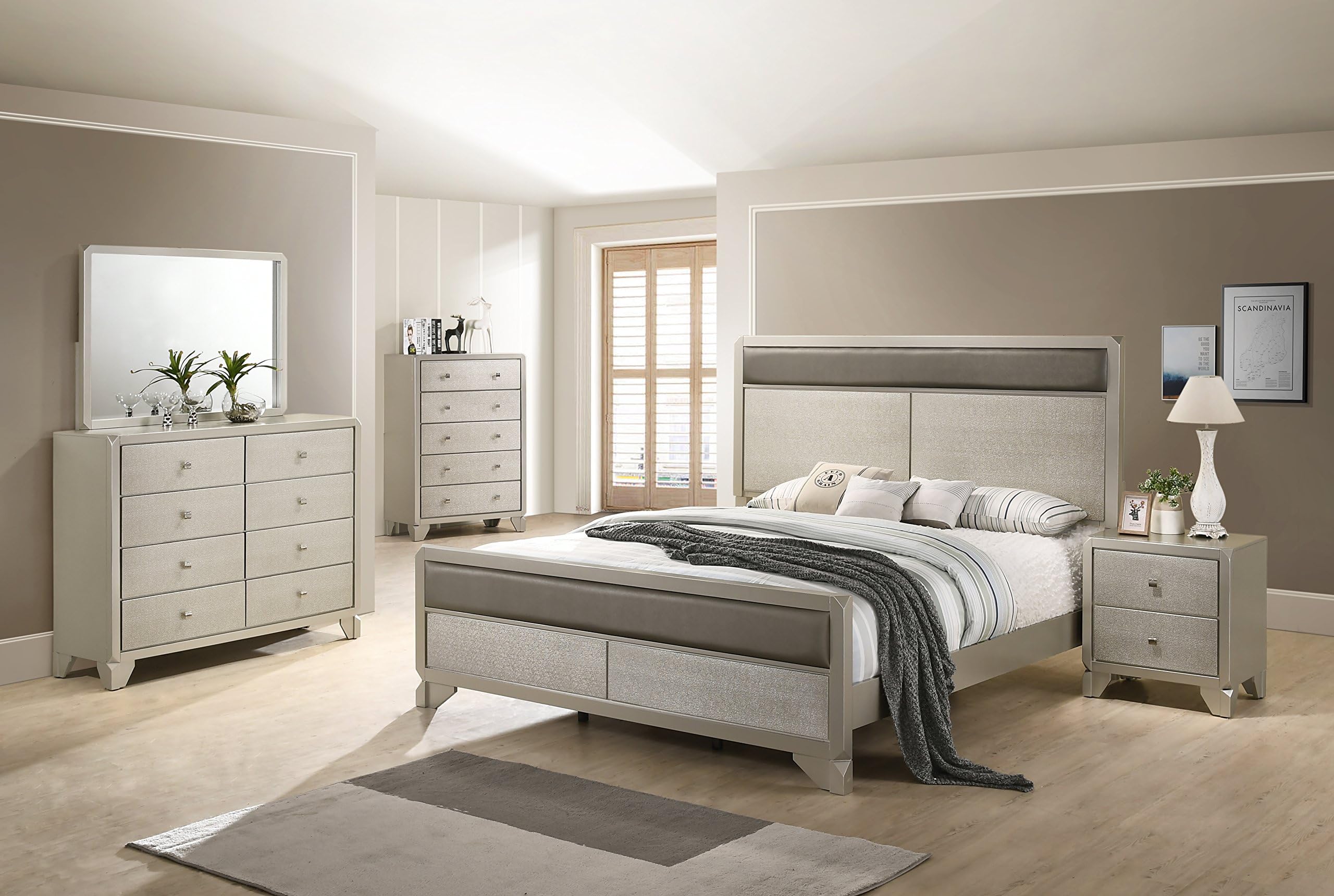 Roundhill Furniture 5 Piece Keila Contemporary Bedroom Set, King Bed, Dresser, Mirror, Nightstand, Chest, Champagne Silver
