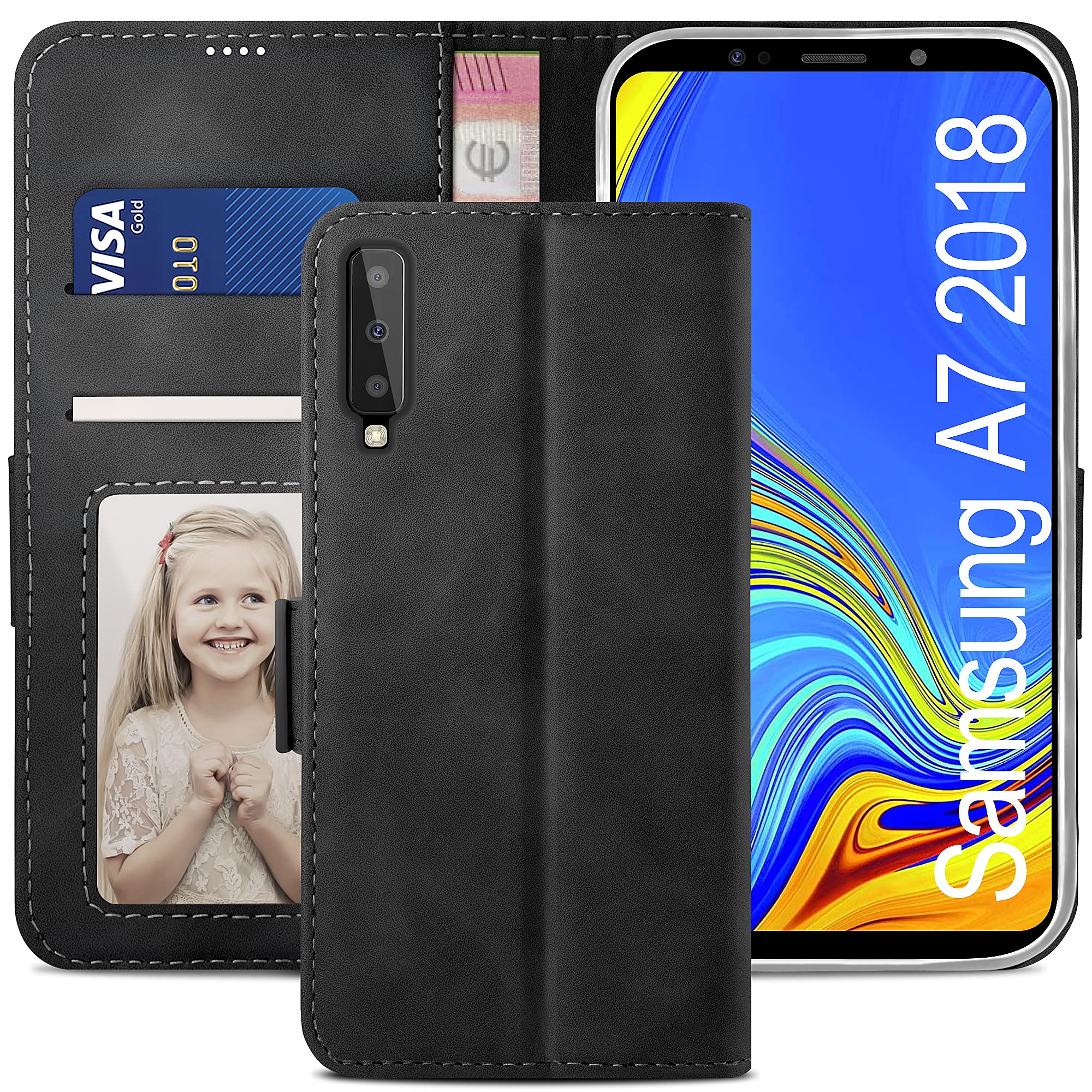 YATWIN Compatible with Samsung Galaxy A7 2018 Case, Flip Wallet Leather Case with Card Slot and Shockproof Function Kickstand Phone Cases Cover for Samsung A7 2018 - Black