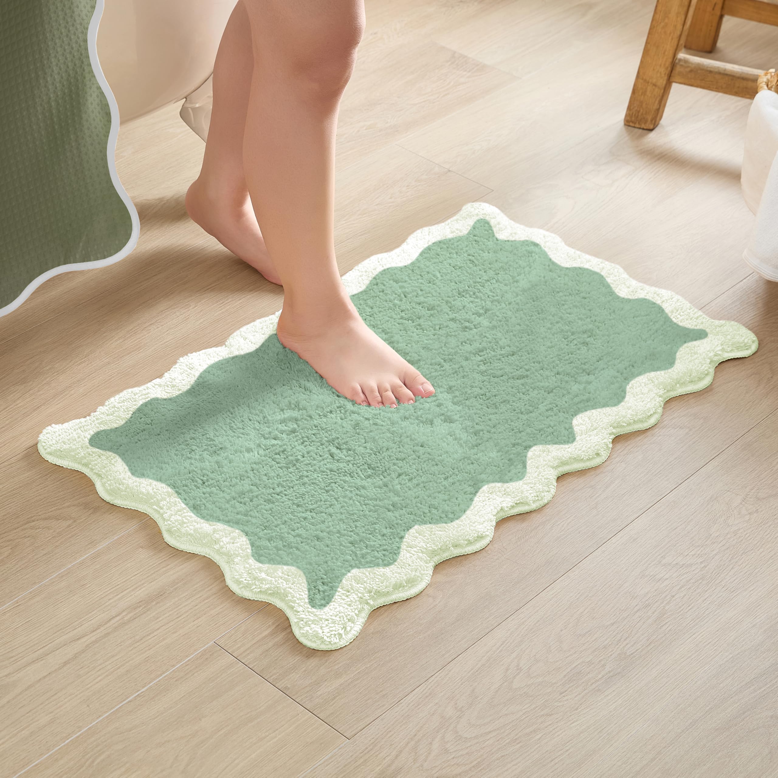 MONDAY MOOSE Bath Mat with Scalloped Wavy Ripple Design, Microfiber Absorbent Non Slip Tufted Rug for Floor, Shower or Kitchen (20x32 inch, Sage)