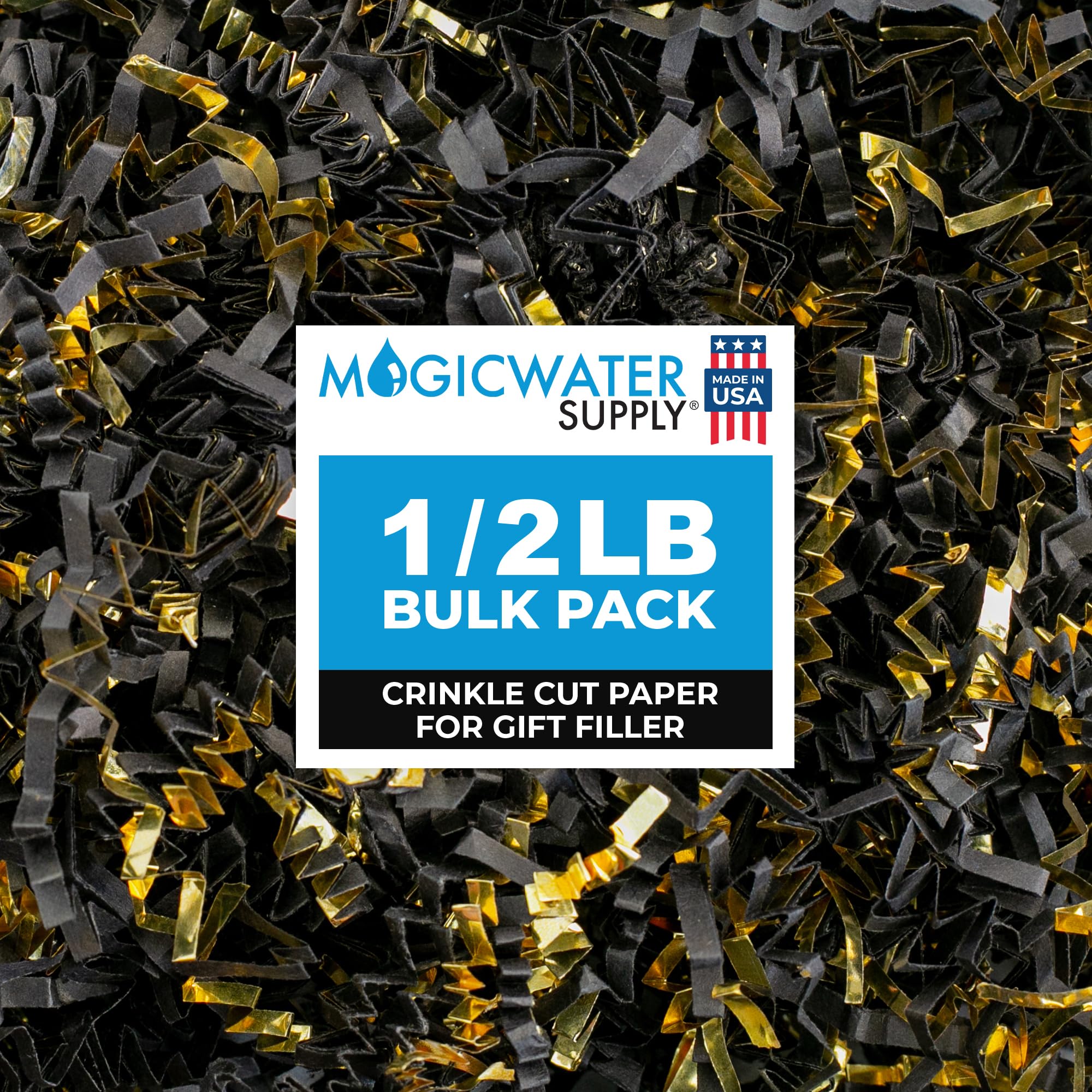 MagicWater Supply - 1/2 LB - Black & Gold - Crinkle Cut Paper Shred Filler great for Gift Wrapping, Basket Filling, Birthdays, Weddings, Anniversaries, Valentines Day, and other occasions