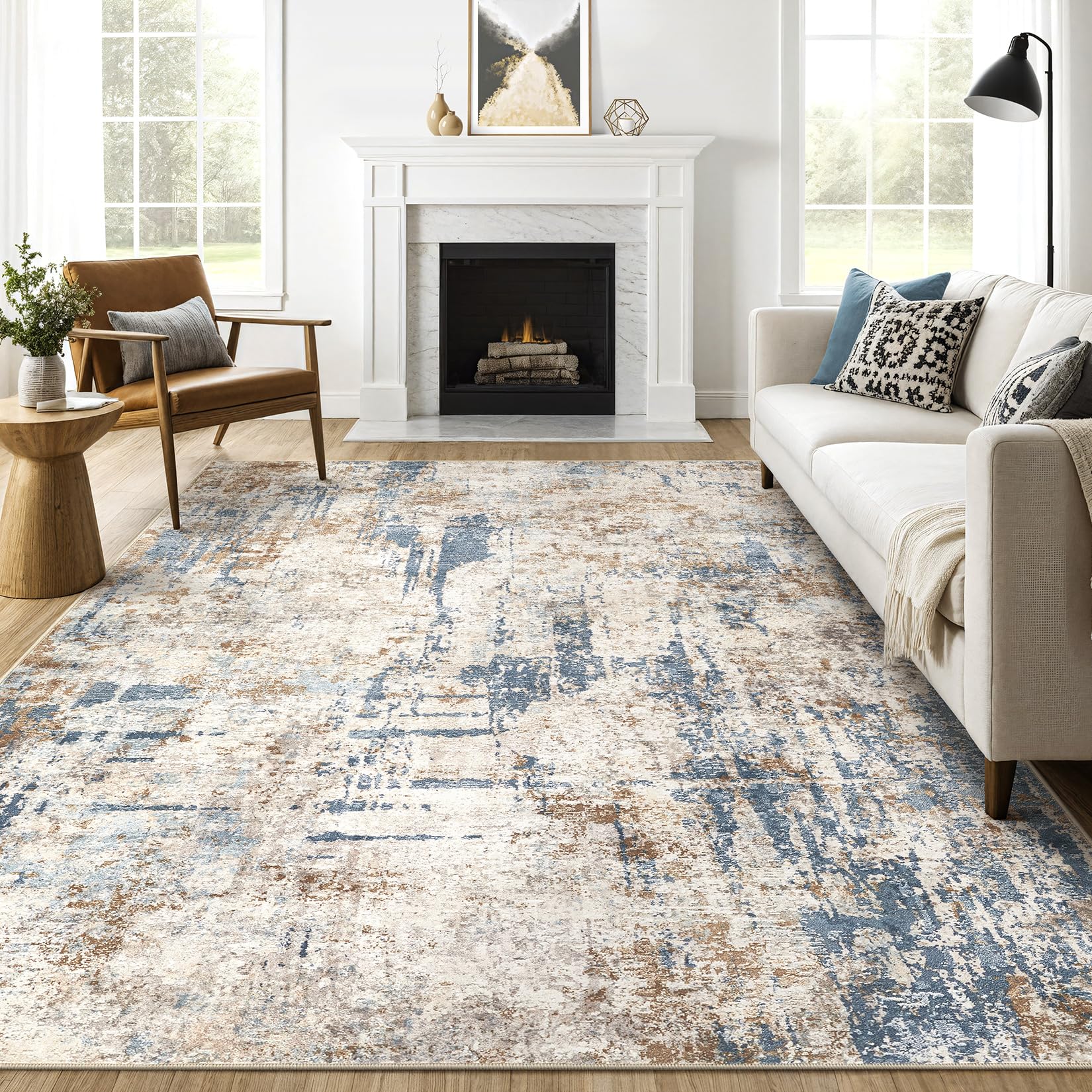 Photo 1 of 9x12 Area Rug Washable Rugs: Living Room Large Abstract Modern Soft Stain Resistant Indoor Floor Non Slip Accent Carpet for Bedroom Nursery Playroom Office Dining Room Dorm Home House- Tan