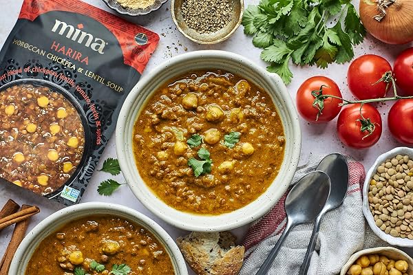 MINA HARIRA, MOROCCAN CHICKPEA & LENTIL SOUP, READY TO EAT MEALS,10 OZ GLUTEN FREE, HIGH IN PLANT BASED PROTEIN, MICROWAVABLE SOUP, VEGAN, NON-GMO, KOSHER, PACKAGED MEALS & SIDE DISHES